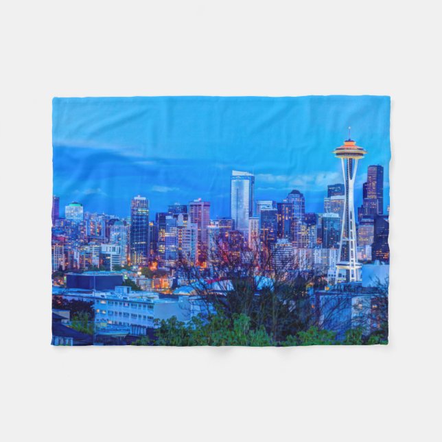 Super Moon rising near Seattle skyline Fleece Blanket (Front (Horizontal))
