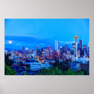 Super Moon rising near Seattle skyline Poster