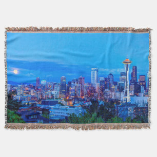 Super Moon rising near Seattle skyline Throw Blanket