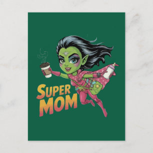 Super Mum Alien Hero Chibi Vector Cartoon Postcard