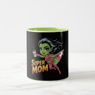 Super Mum Alien Hero Chibi Vector Cartoon Two-Tone Coffee Mug