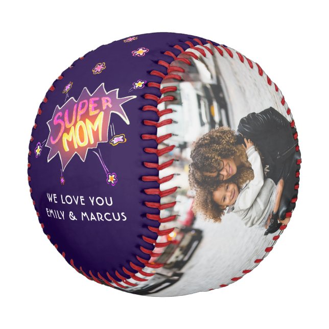 Super Mum Hand Lettering Purple Keepsake Photo Baseball (Angled)