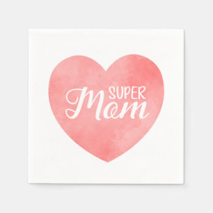 Super mum in pink watercolor heart, mother's day  napkin