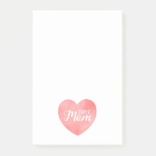 Super mum in pink watercolor heart, mother's day post-it notes