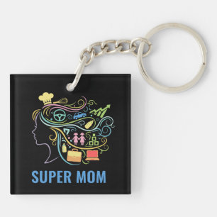 Super Mum Many Hats Colourful Retro Graphic Key Ring