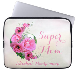 Super Mum Natural Pink Floral Heart Custom Name Laptop Sleeve