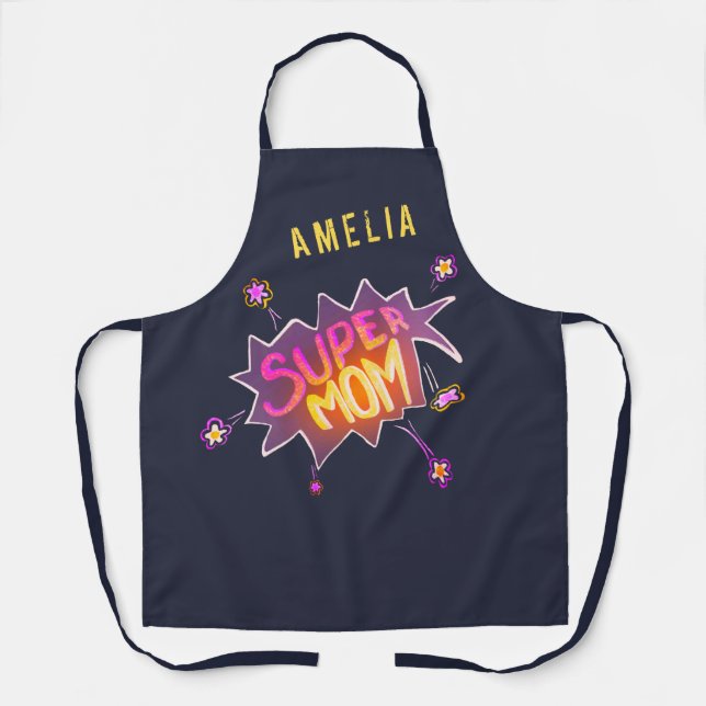 Super Mum Neon Comic Bubble Flower Mother`s Day Apron (Front)