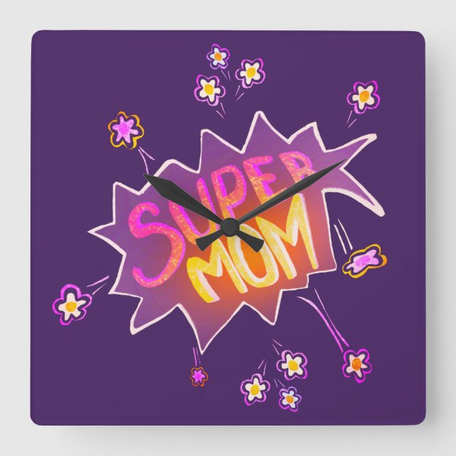 Super Mum Pink Neon Flower Comic Bubble  Square Wall Clock (Front)