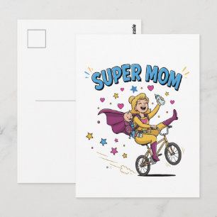 Super Mum Superhero Riding Bike with Baby Gift Postcard