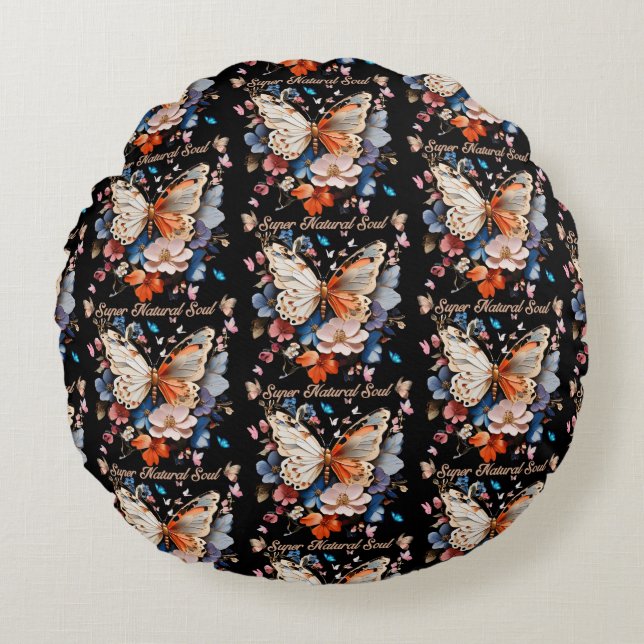  Super Natural Soul: Butterfly Garden Art Round Cushion (Front)
