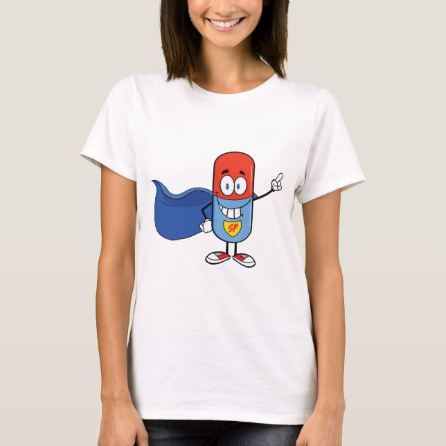 Super Pill Cartoon Hero Character T-Shirt (Front)