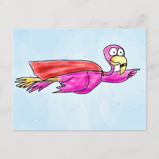 Super Pink Flamingo w/ Flying Cape Whimsical Art Postcard (Front)