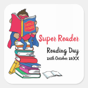 Super reader boy on books reading day square sticker