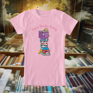 Super reader cartoon style girl on books T-Shirt