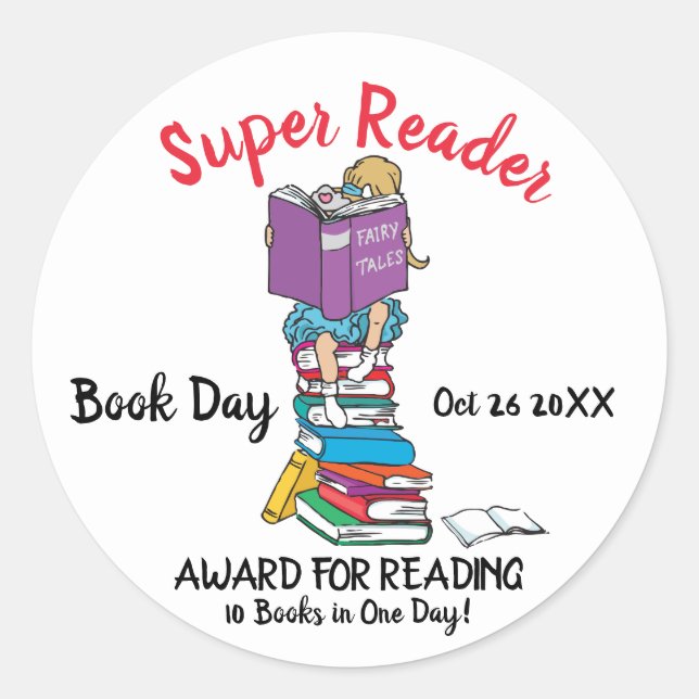 Super reader girl on books reading book day award classic round sticker (Front)