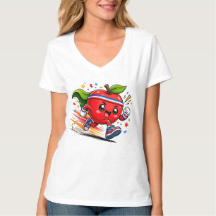 Super Red Apple Running Cartoon Fitness Mascot T-Shirt