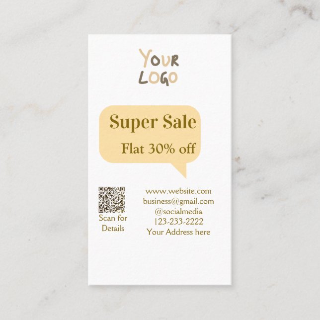 super sale business discount scan QR code details  Business Card (Front)