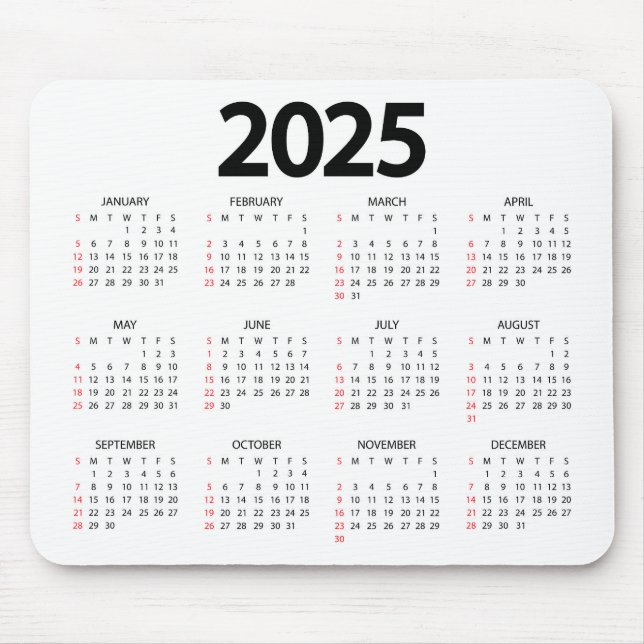 Super Simple 2025 White Background Calendar Mouse Mat (Front)