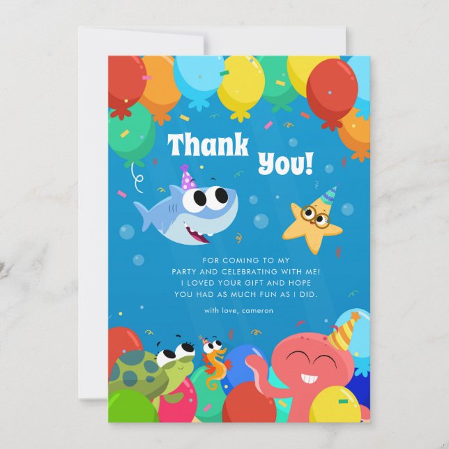 Super Simple | Finny the Shark Ballons Birthday Thank You Card (Front)