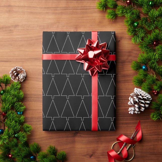 super simple & geometric white pine trees on black wrapping paper (Holiday Gift)
