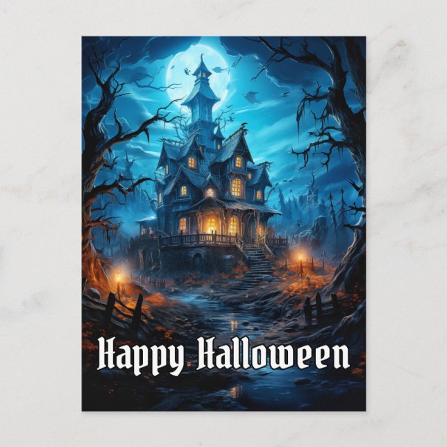 Super Spooky Happy Halloween Haunted House Postcard (Front)