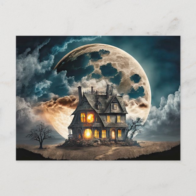 Super Spooky Haunted House Under A Full Moon Postcard (Front)