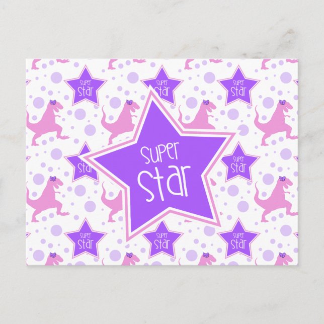 Super Star Dinosaur Postcard in Purple and Pink (Front)