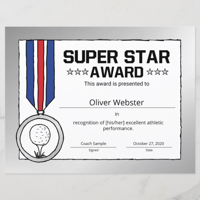 Super Star Golf Player Award Golf Certificate (Front)
