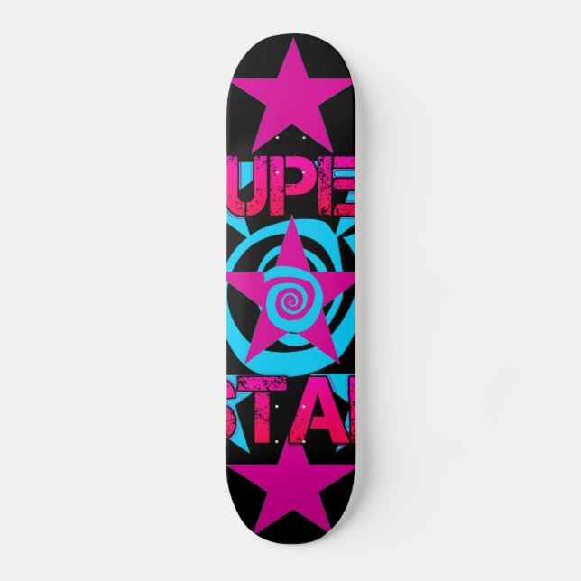 Super Star Hot Pink Teal Swirls Stars Pattern Skateboard (Front)
