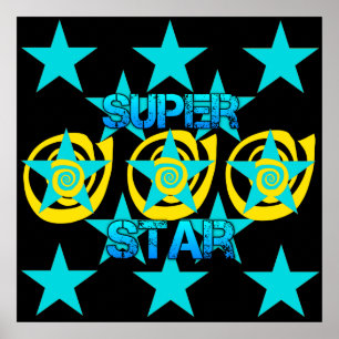 Super Star Teal Yellow Swirls Stars Pattern Poster