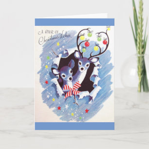 Super Sweet Vintage Blue Reindeer Christmas Holiday Card