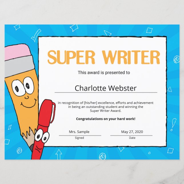 Super Writer Student Recognition Certificates (Front)
