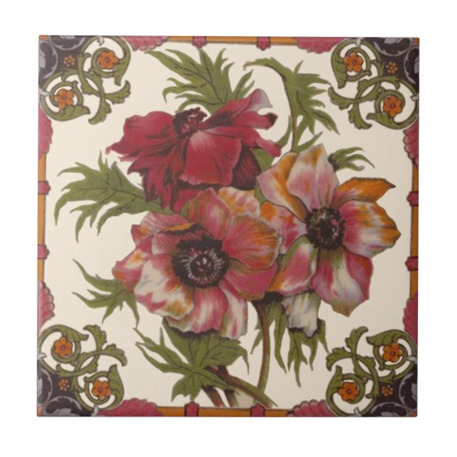 Superb Antique Poppies c1890 Warm Colours Repro Tile (Front)