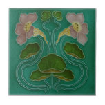 Superb Art Nouveau Gibbons Hinton Tile<br><div class="desc">This gorgeous tile is reproduced from a circa 1900 original molded tile by Gibbons Hinton, England. It features an art nouveau double floral design in striking colors of teal, green, pale yellow, bronze, and mauve-toned pink. Although the original is dimensional, with raised outlines, our reproduction is in a faux relief...</div>