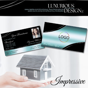 Superb Black Teal Curved Decor Lines Logo Photo Business Card