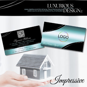 Superb Black Teal Curved Decor Lines Logo QR Code Business Card