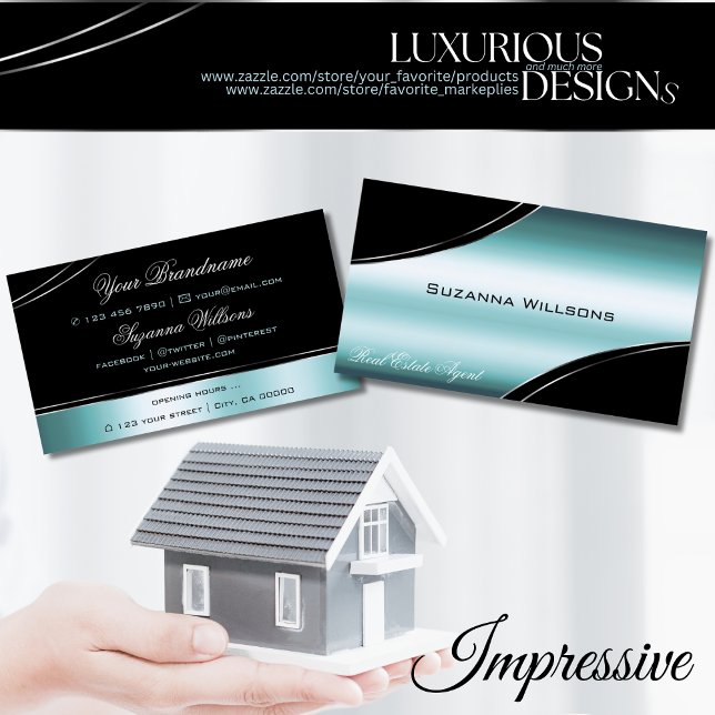 Superb Black Teal Curved Decor Lines Shimmering Business Card (Creator Uploaded)