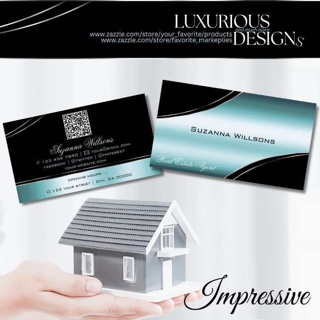 Superb Black Teal Curved Decor Lines with QR Code Business Card (Creator Uploaded)