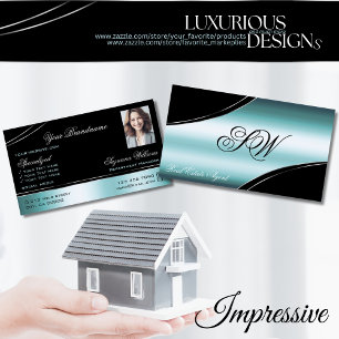 Superb Black Teal Curved Lines Monogram and Photo Business Card