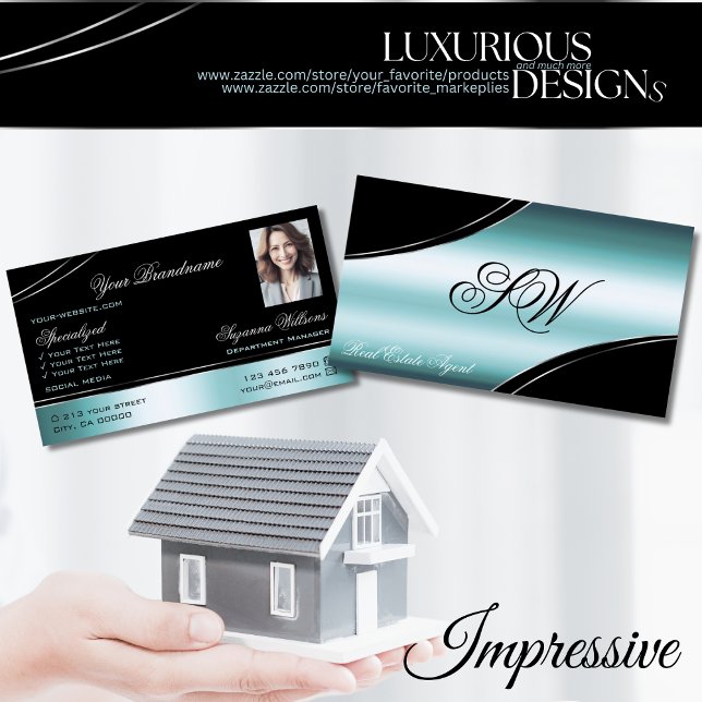 Superb Black Teal Curved Lines Monogram and Photo Business Card (Creator Uploaded)