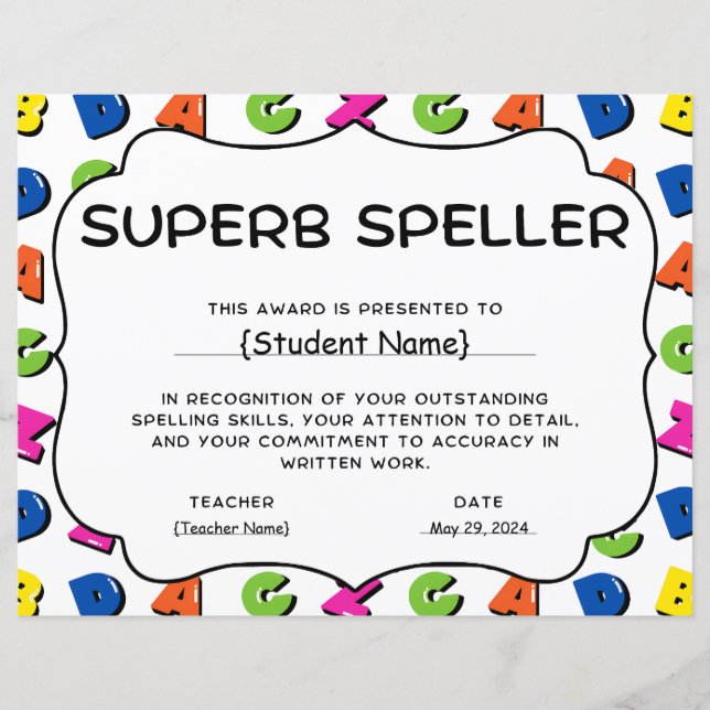 Superb Speller Student Recognition Award (Front)