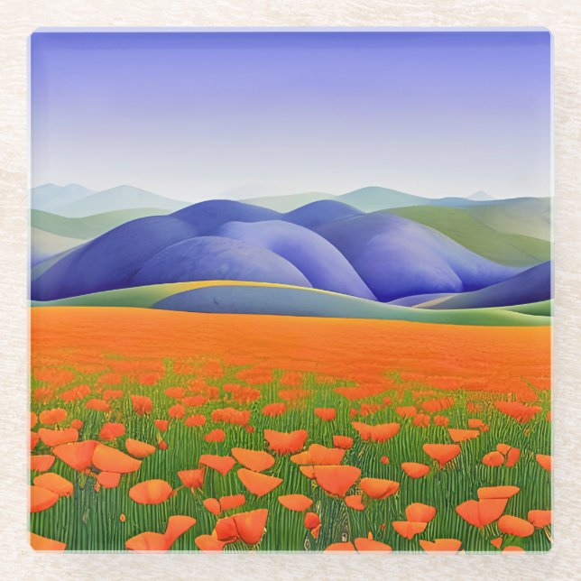 Superblooms | Surreal California Poppies Landscape Glass Coaster (Front)