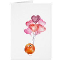 Supercute watercolor bird with heart balloons