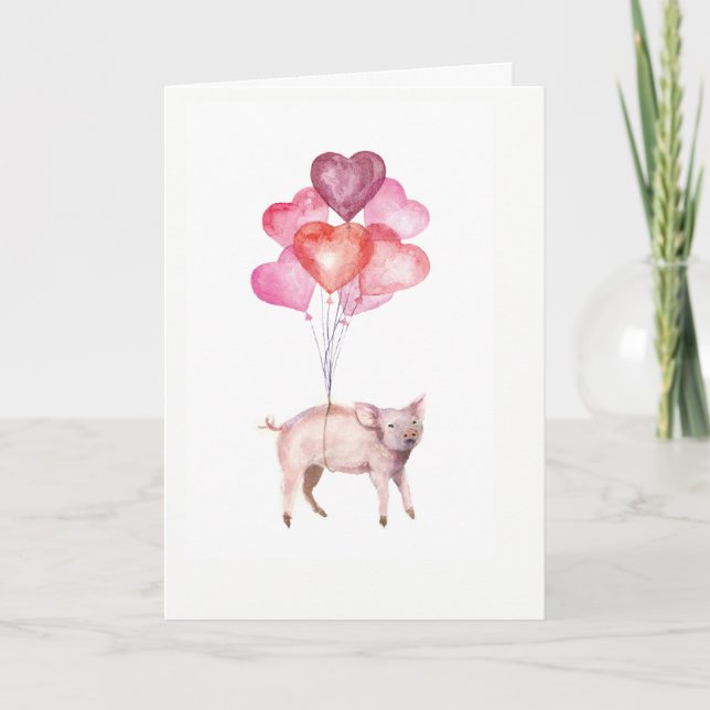 Supercute watercolor pig with heart balloons holiday card (Front)