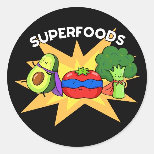 Superfoods Funny Vegetable Pun Dark BG Classic Round Sticker (Front)