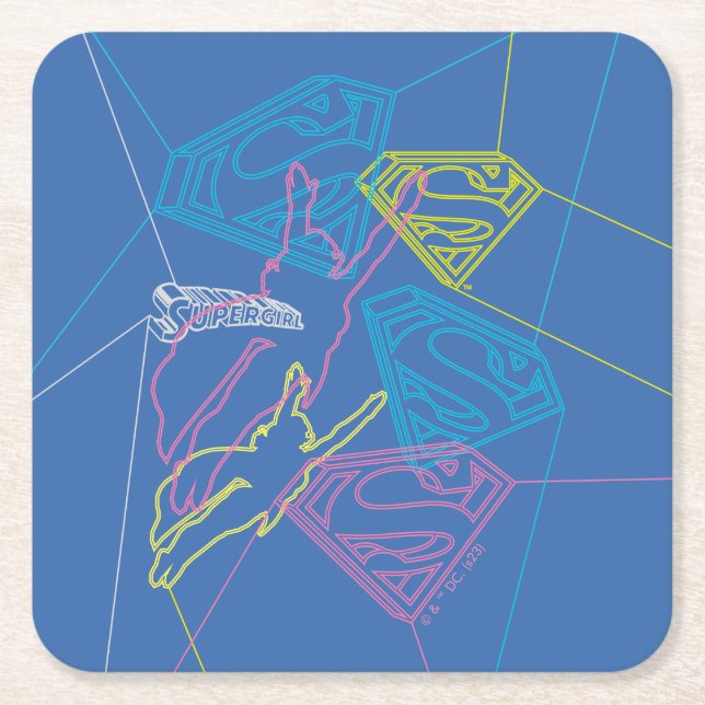 Supergirl and Logo Coloured Outlines Square Paper Coaster (Front)