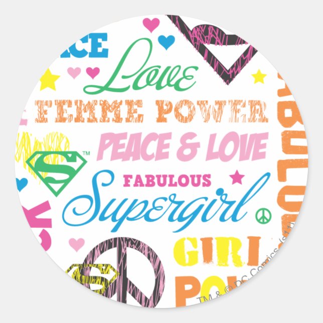 Supergirl Colourful Text Collage Classic Round Sticker (Front)