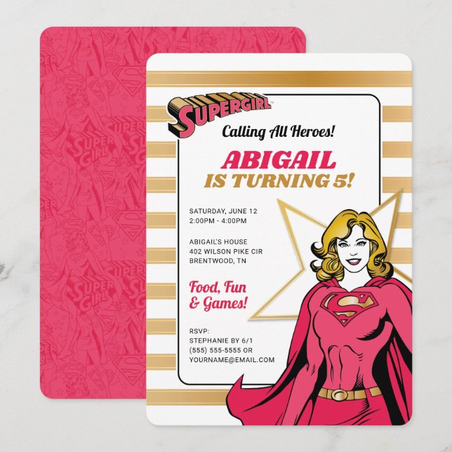 Supergirl Girls Pink and Gold Birthday Invitation (Front/Back)