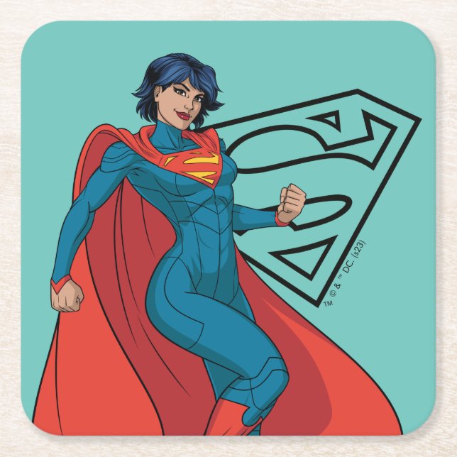 Supergirl Hovering in Blue Suit Square Paper Coaster (Front)