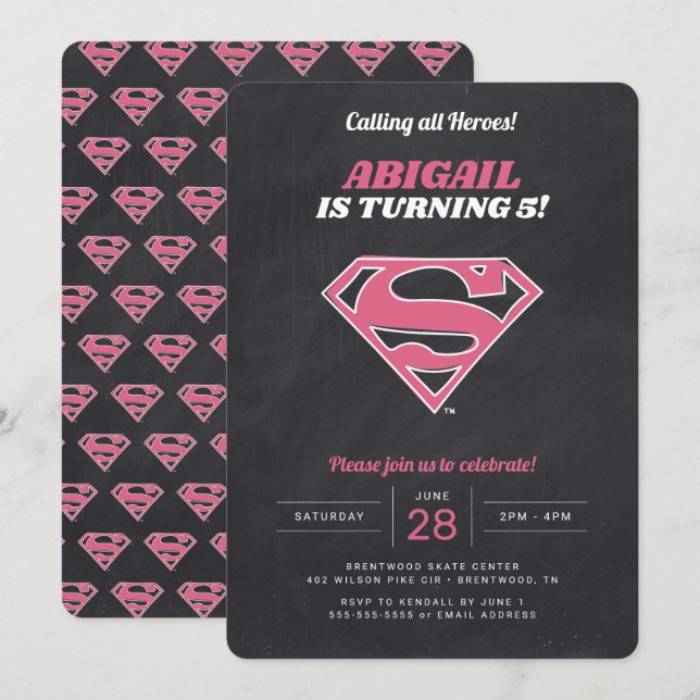 Supergirl Logo Girls Chalkboard Birthday Invitation (Front/Back)